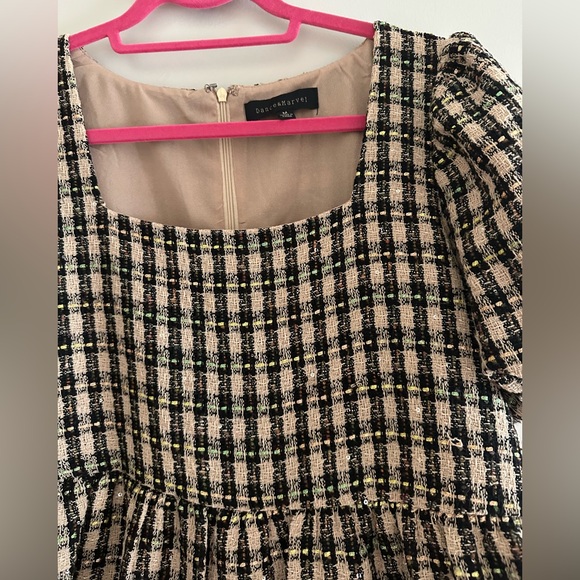 Square Neck Plaid Puff Sleeve Midi Dress - Black & Cream - Picture 4 of 6